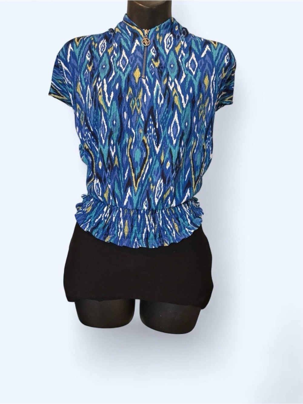 Blue Patterned Short Sleeve Peplum Top